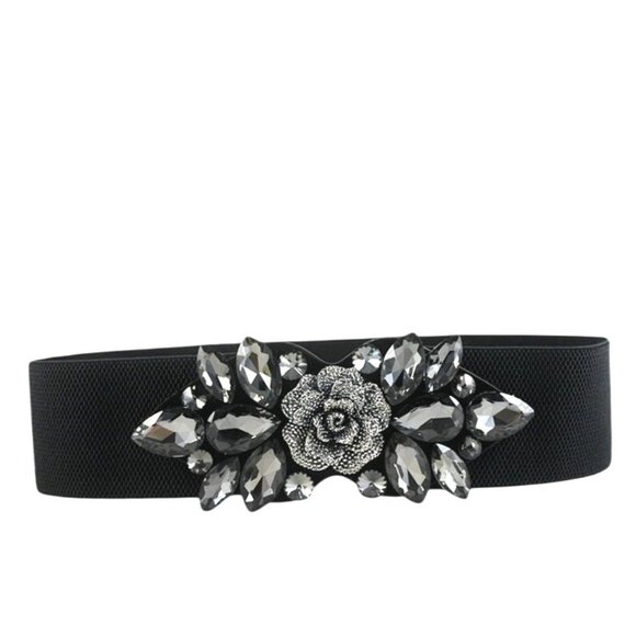 NEW 2/$30 Vintage Style Black/Silver Rose Rhinestone Stretch Belt Snap Closure - Picture 3 of 9